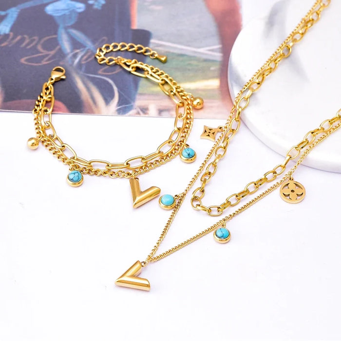 Vee Vibes Turquoise Layered Necklace & Bracelet Set